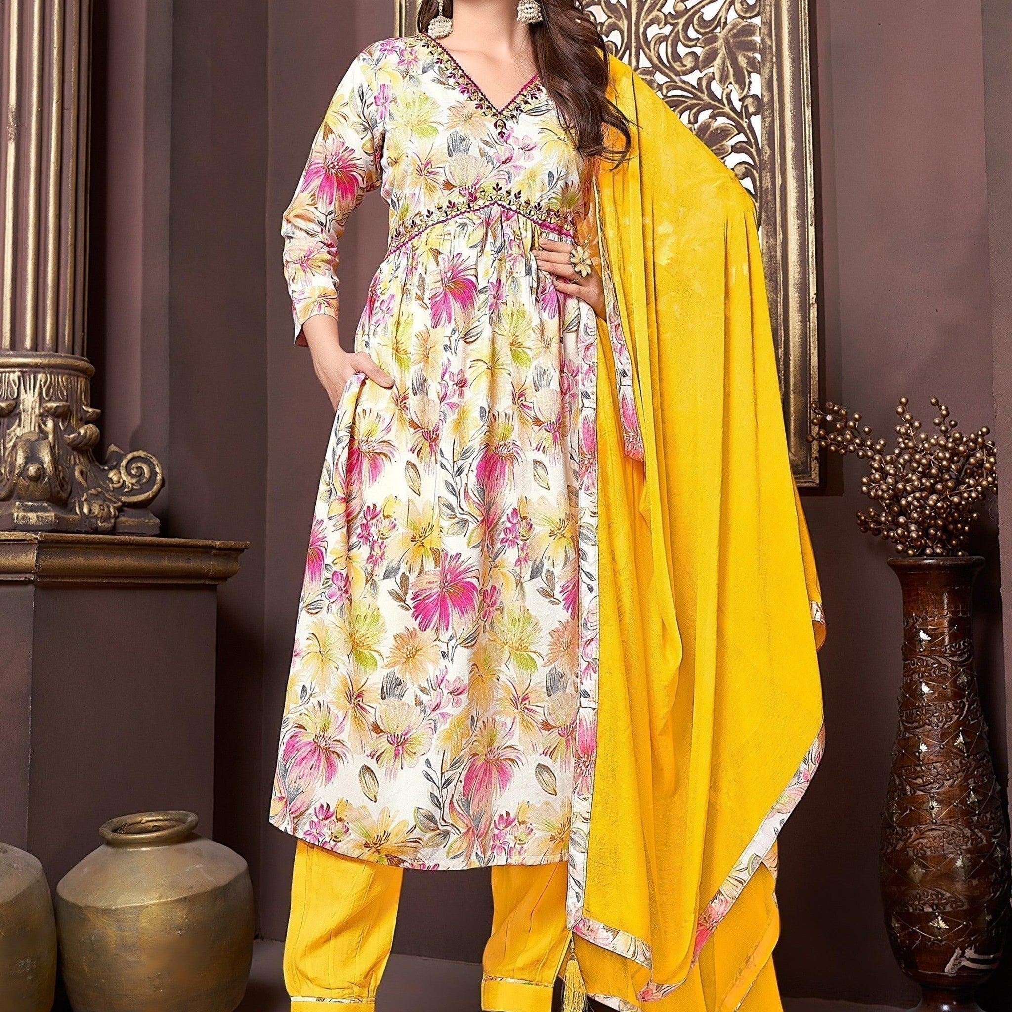 Charming Off-White Floral Printed Rayon Readymade Salwar Kameez