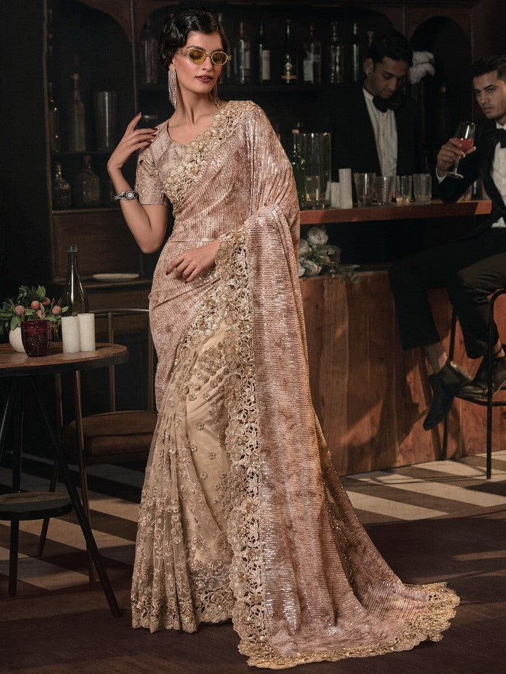 Fabulous Beige Sequins Net Wedding Wear Saree With Blouse
