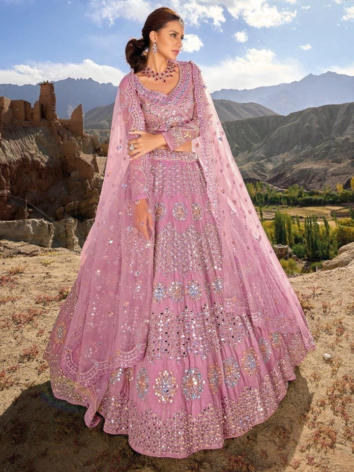 Marvelous Light Pink Mirror Work Organza Wedding Wear Lehenga Choli
