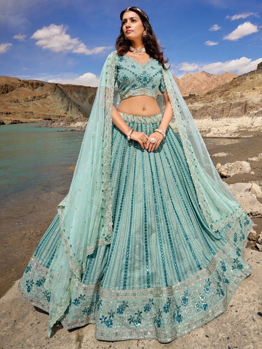 Astonishing Sky-Blue Thread Work Georgette Bridesmaid Lehenga Choli