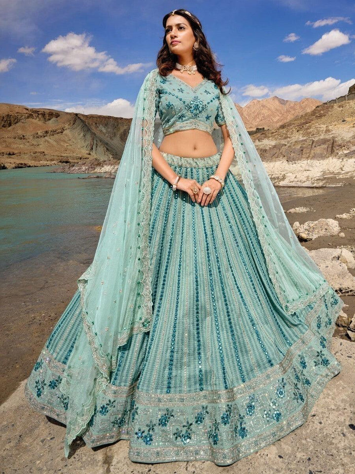 Astonishing Sky-Blue Thread Work Georgette Bridesmaid Lehenga Choli