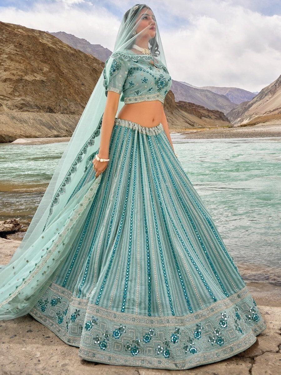 Astonishing Sky-Blue Thread Work Georgette Bridesmaid Lehenga Choli