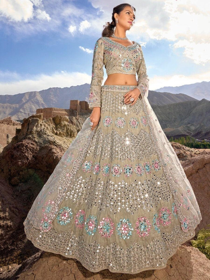 Fantastic Light Brown Mirror Work Organza Reception Wear Lehenga Choli