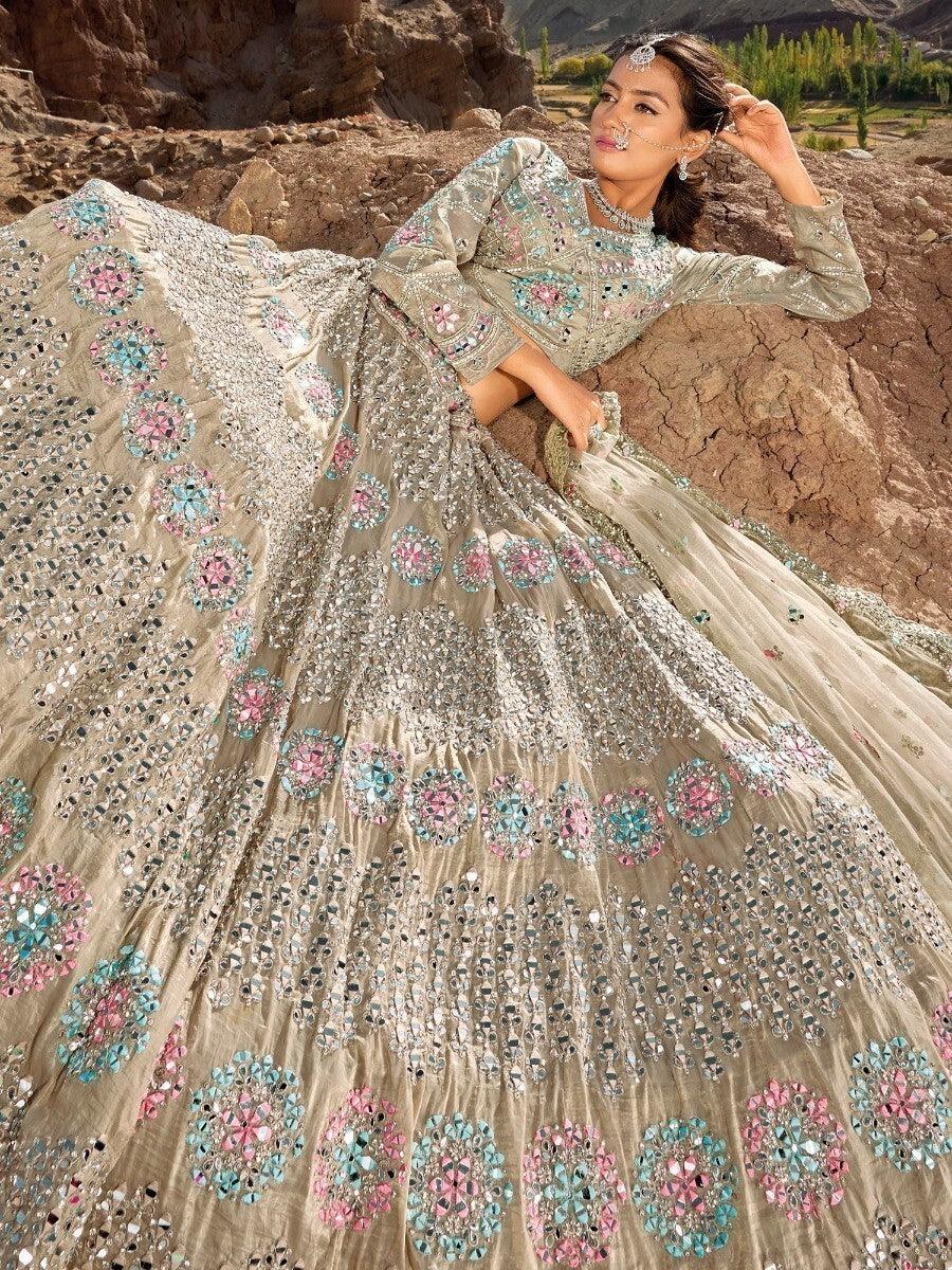 Fantastic Light Brown Mirror Work Organza Reception Wear Lehenga Choli