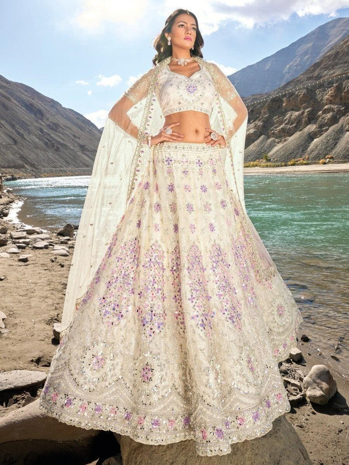 Spectacular Cream Sequins Net Bridesmaid Lehenga Choli With Dupatta