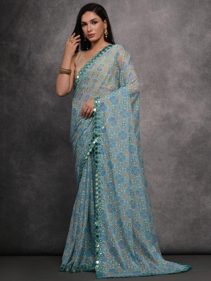 Lovely Sky-Blue Digital Printed Georgette Traditional Saree With Blouse