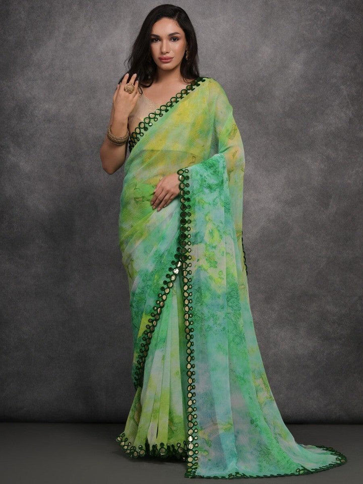 Stunning Light Green Digital Printed Georgette Saree With Blouse