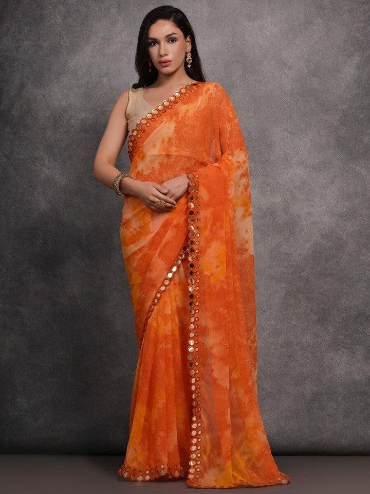 Pretty Orange Digital Printed Georgette Festive Wear Saree