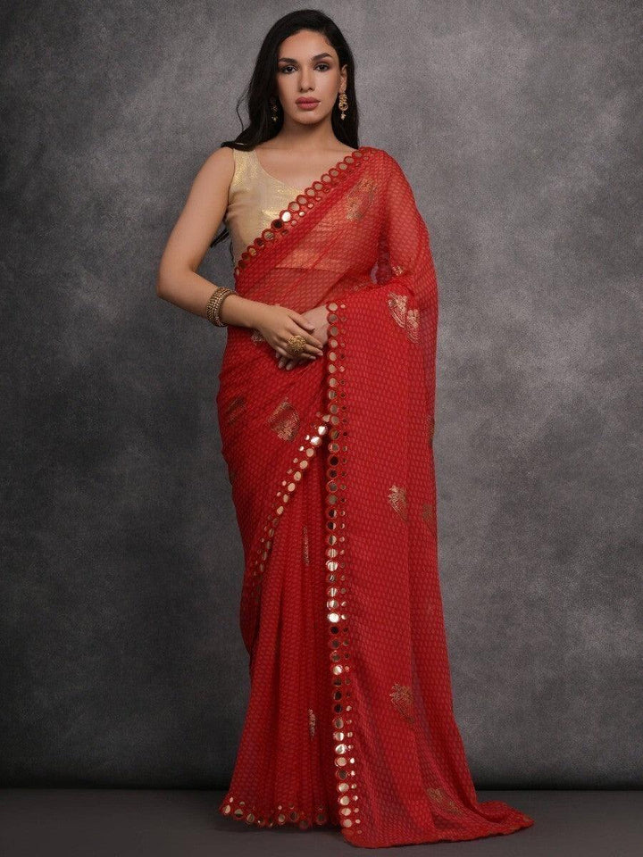Fascinating Red Foil Printed Georgette Festival Wear Saree