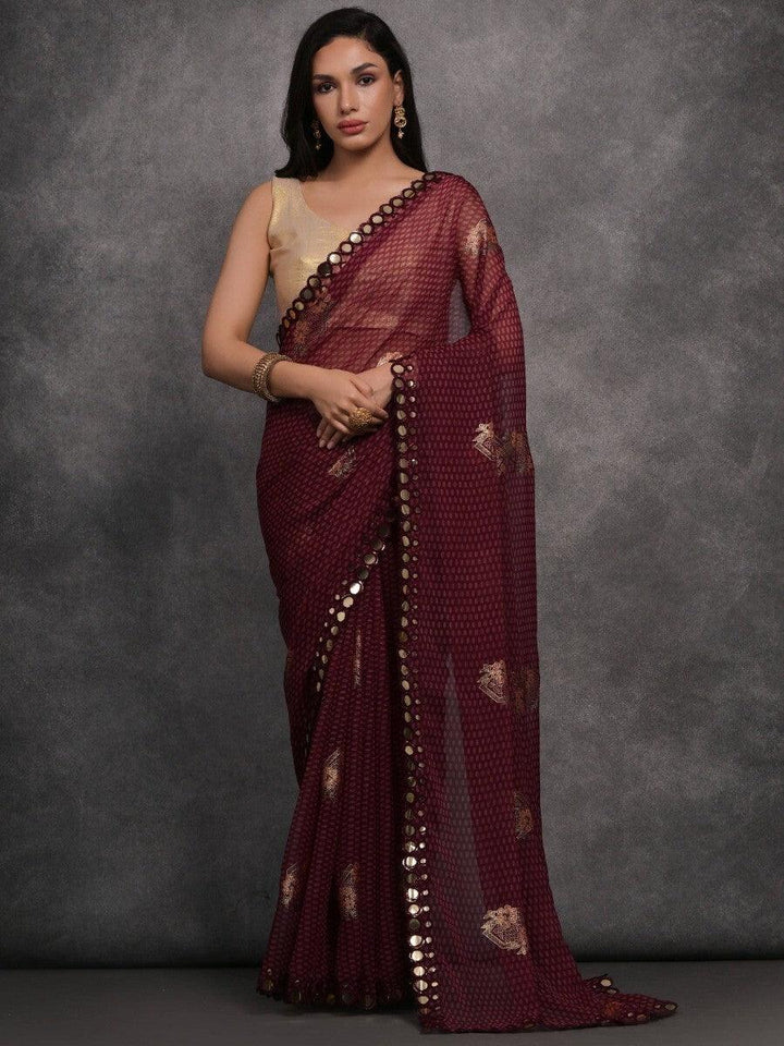 Captivating Maroon Foil Printed Georgette Events Wear Saree