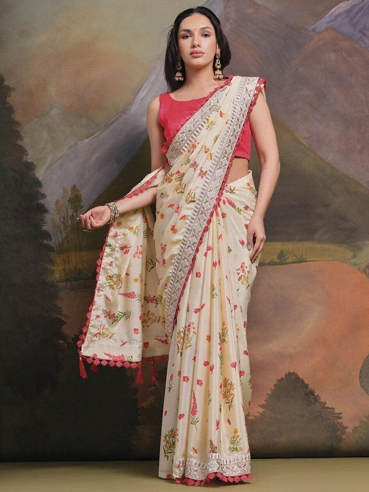 Astonishing Off-White Floral Printed Chinon Events Wear Saree