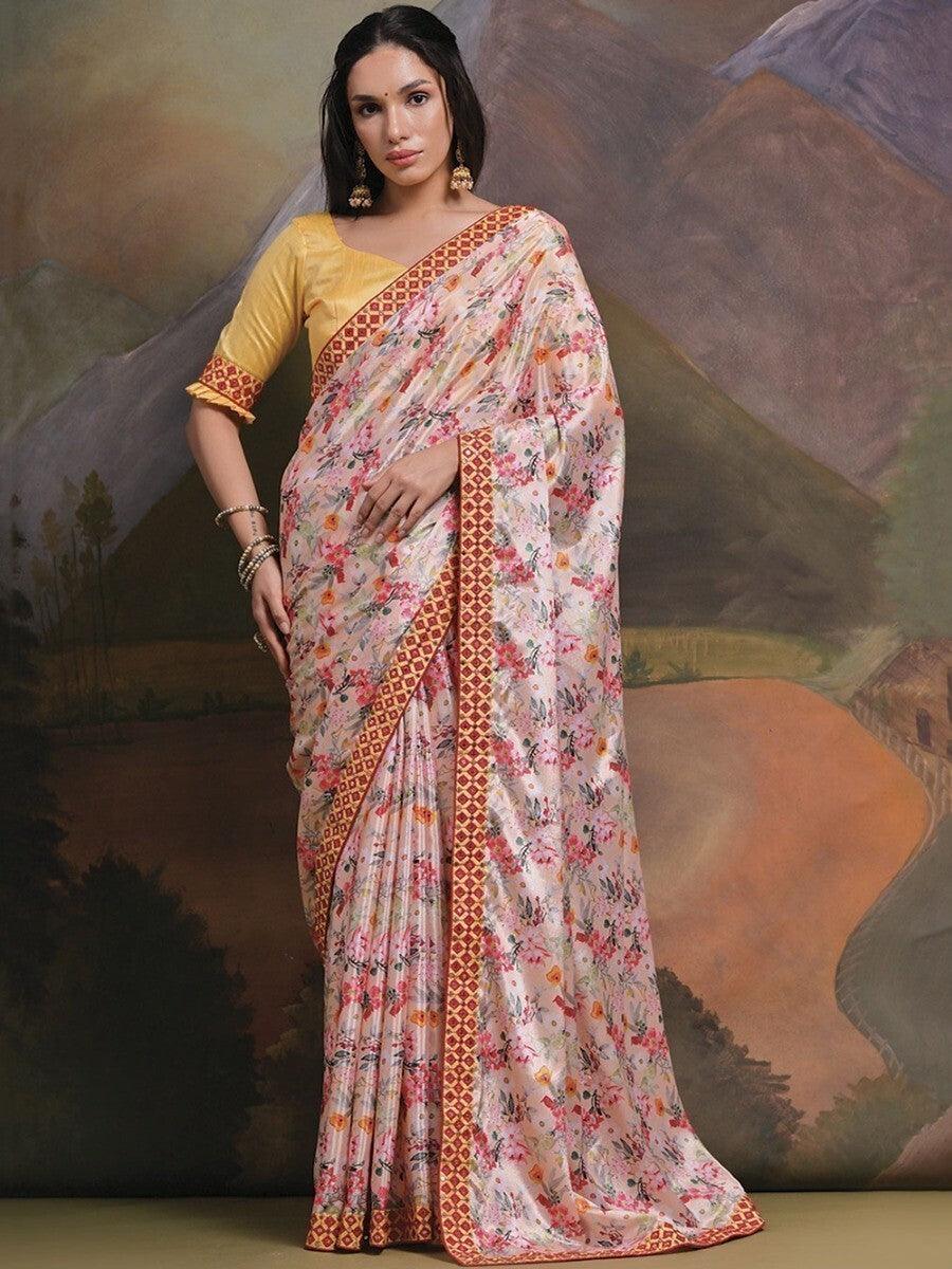 Spectacular Cream Floral Printed Chinon Traditional Saree With Blouse