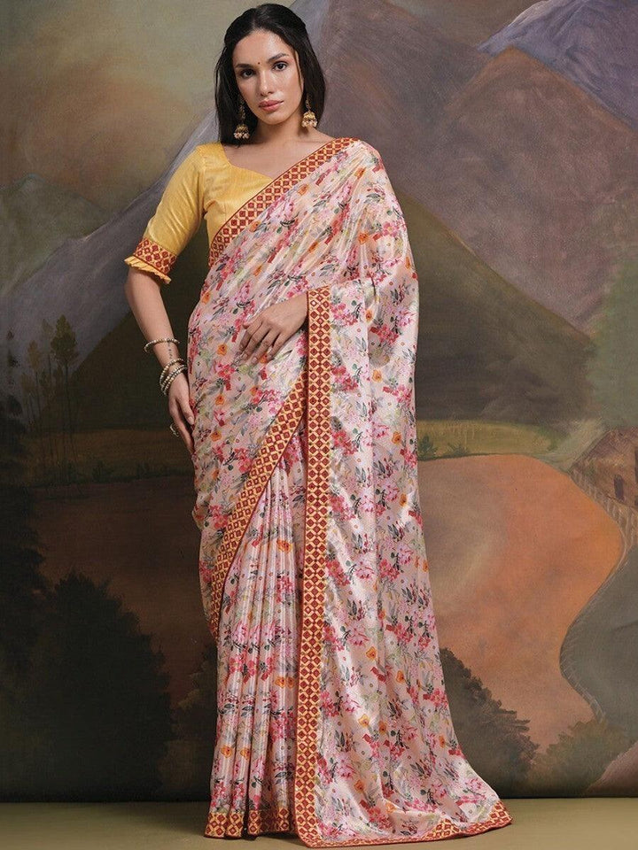 Spectacular Cream Floral Printed Chinon Traditional Saree With Blouse