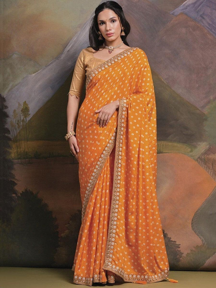 Alluring Yellow Bandhani Print Chinon Haldi Wear Saree With Blouse