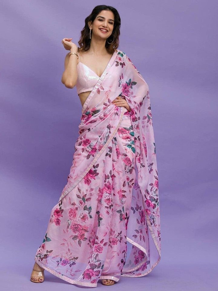Awesome Pink Floral Printed Chinon Saree With Sequin Blouse