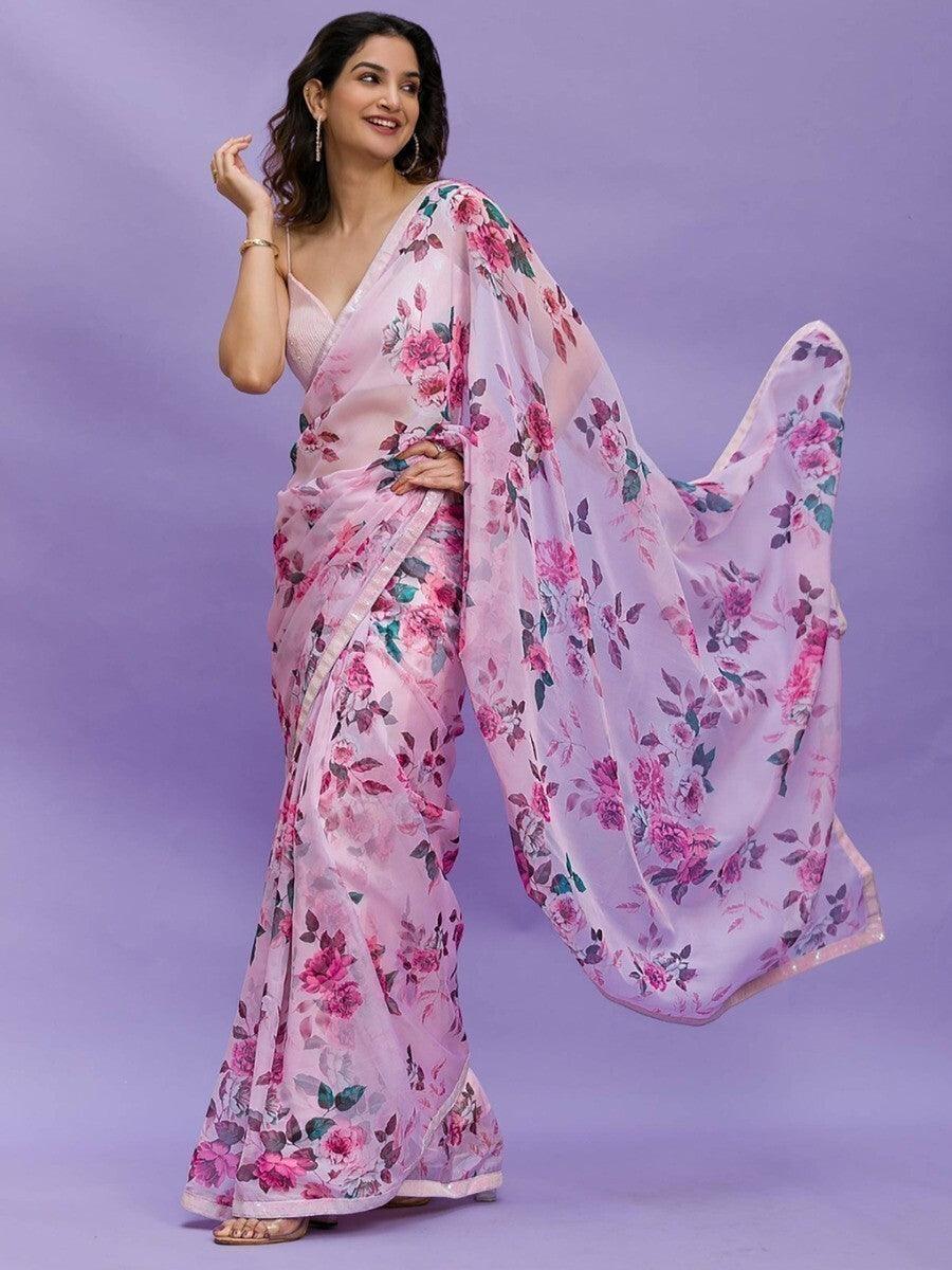 Awesome Pink Floral Printed Chinon Saree With Sequin Blouse