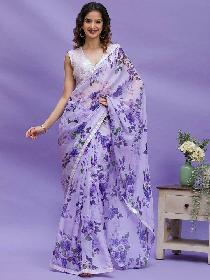 Wonderful Lavender Floral Printed Designer Saree With Sequin Blouse