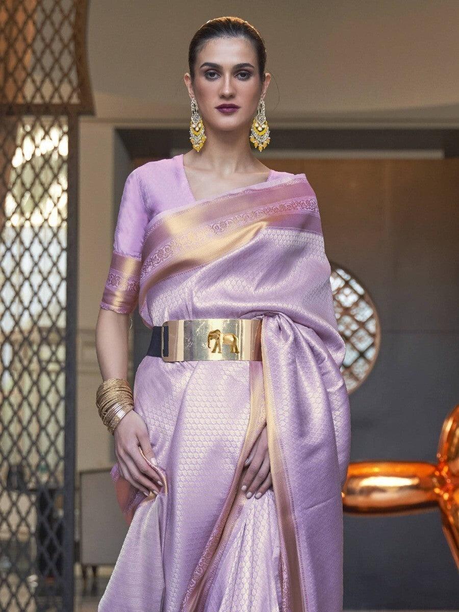 Stunning Lavender Zari Woven Silk Reception Wear Saree With Blouse