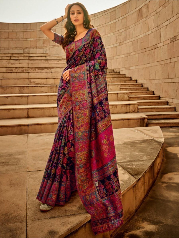Attractive Navy Blue Zari Woven Silk Reception Wear Saree With Blouse