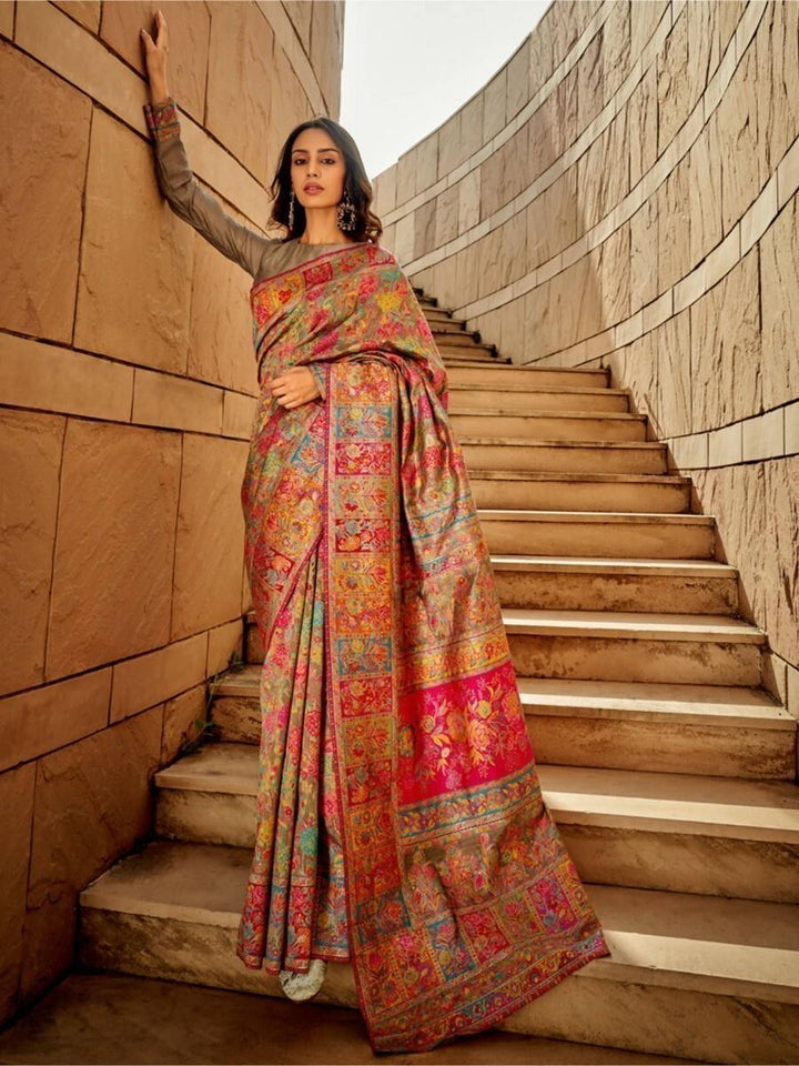 Alluring Grey Zari Woven Silk Engagement Wear Saree With Blouse