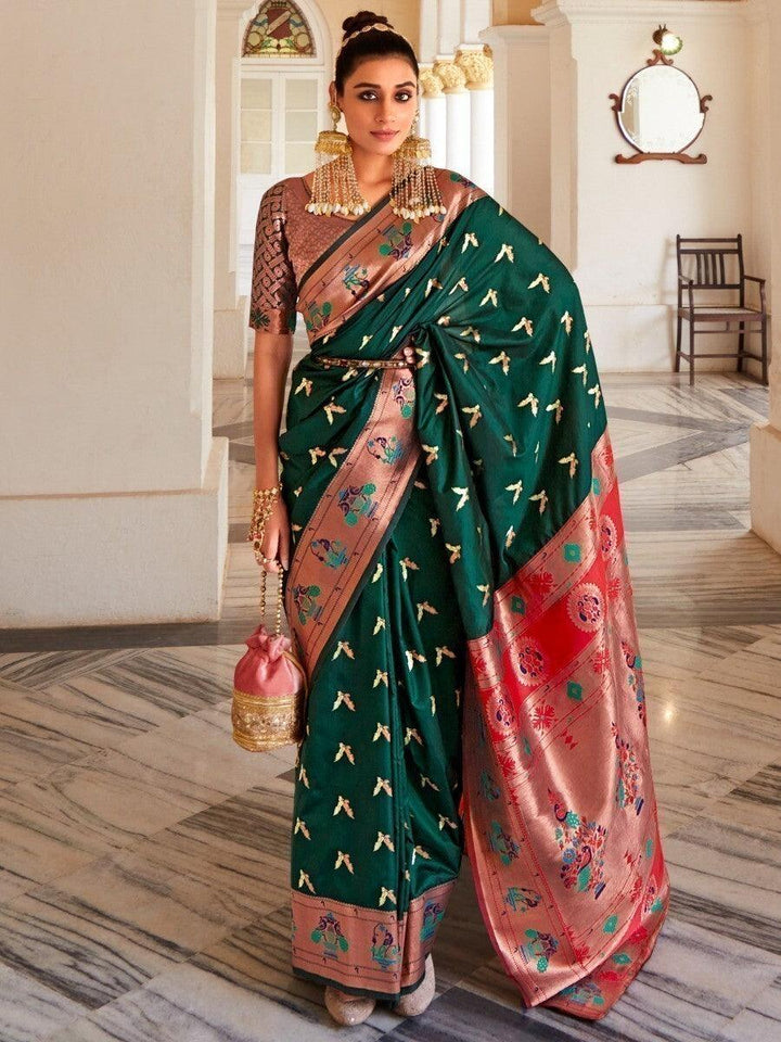 Captivating Green Silk Zari Weaving Mehendi Wear Saree With Blouse