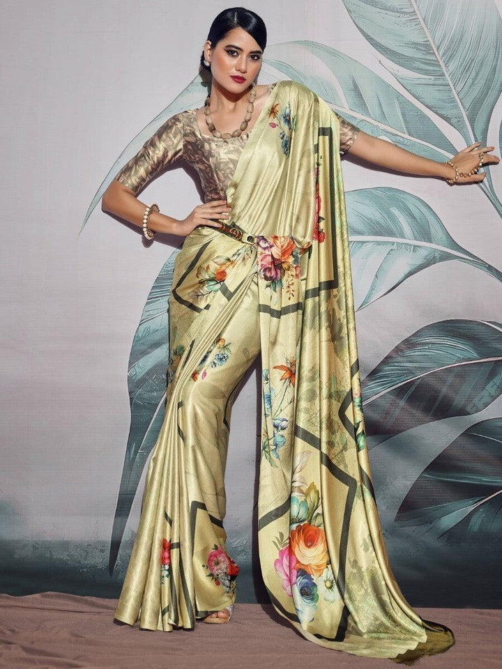Fetching Pastel Yellow Digital Printed Satin Saree With Blouse