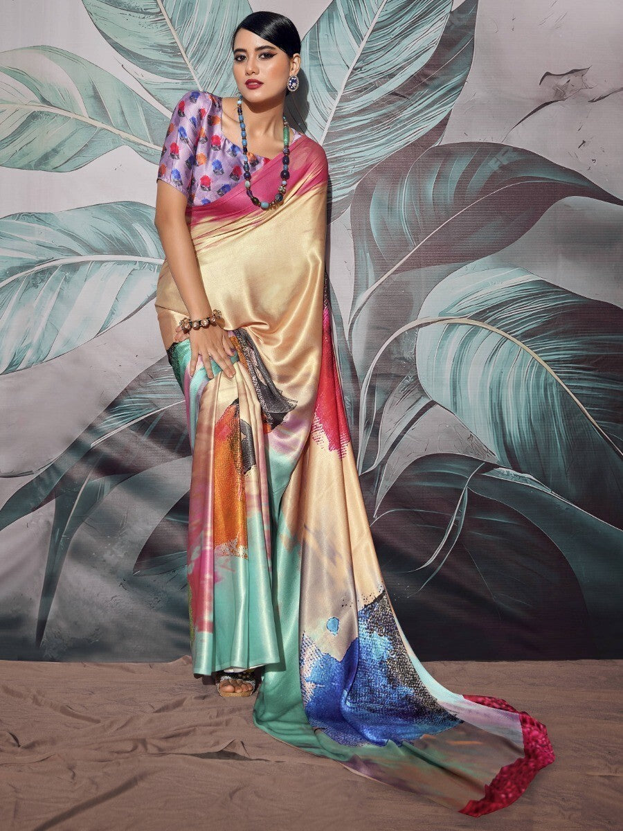 Charming Multi-Color Digital Printed Satin Party Wear Saree