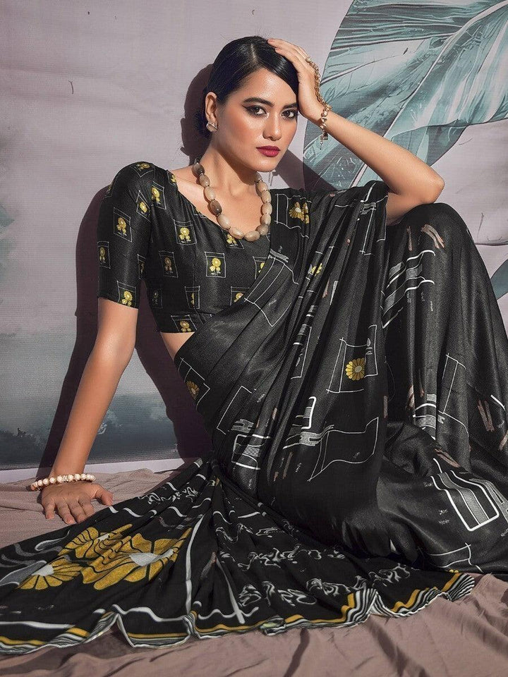 Fascinating Black Floral Printed Satin Party Wear Saree With Blouse