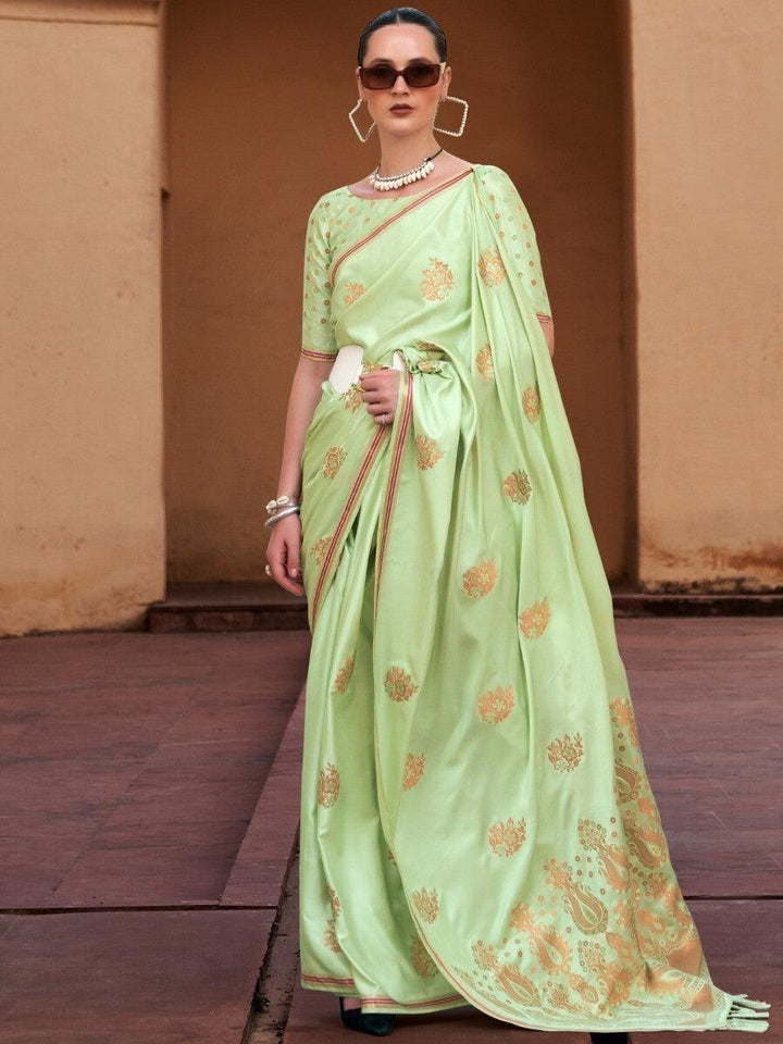 Majestic Green Zari Weaving Satin Occasions Wear Saree With Blouse