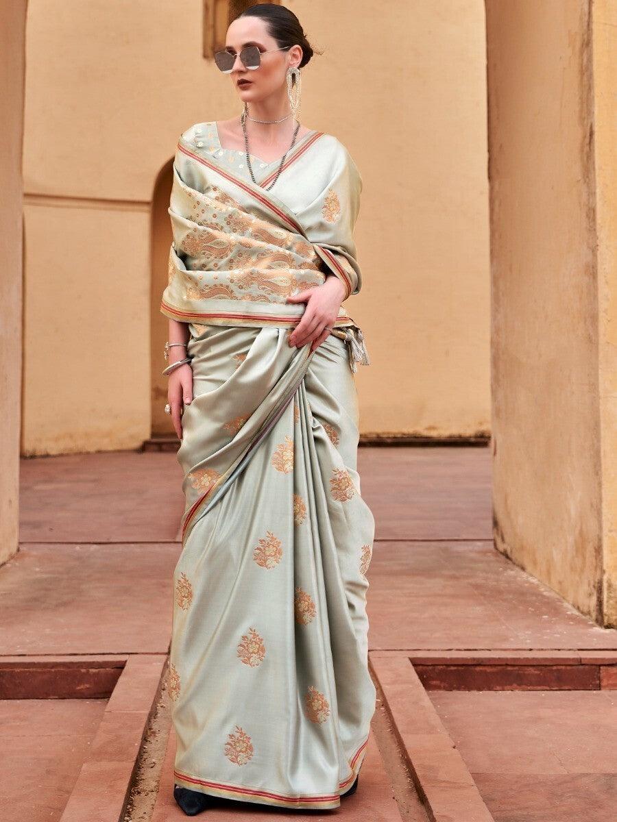 Stunning Grey Zari Weaving Satin Party Wear Saree With Blouse