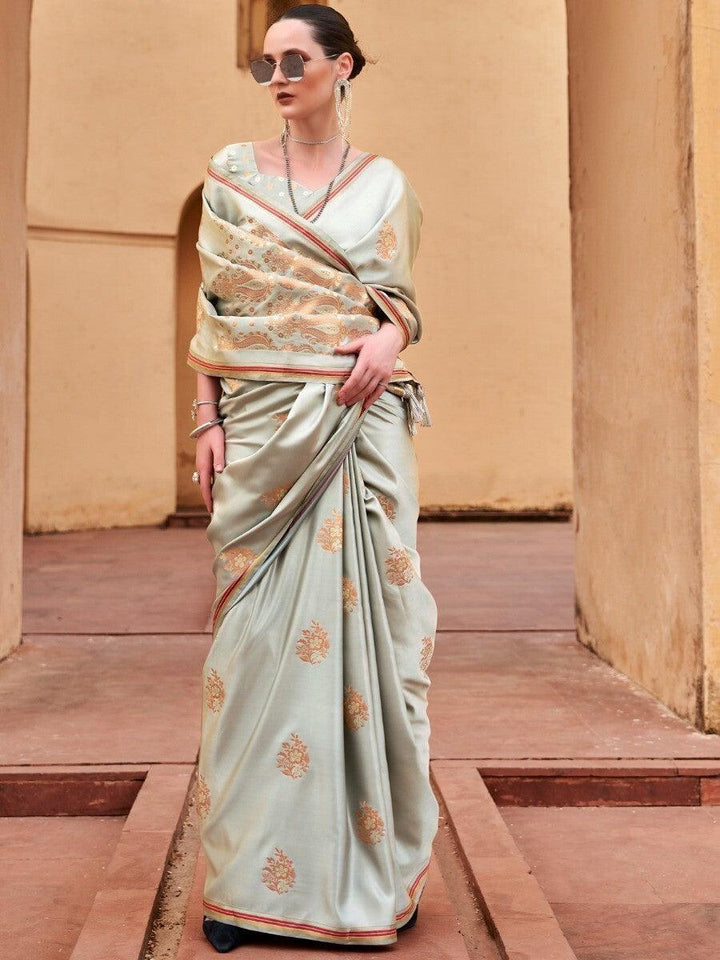 Stunning Grey Zari Weaving Satin Party Wear Saree With Blouse