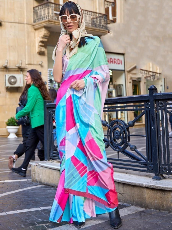 Unique Multi-Color Digital Printed Silk Traditional Saree With Blouse