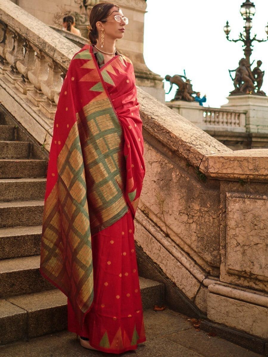 Marvelous Red Zari Weaving Silk Wedding Wear Saree With Blouse