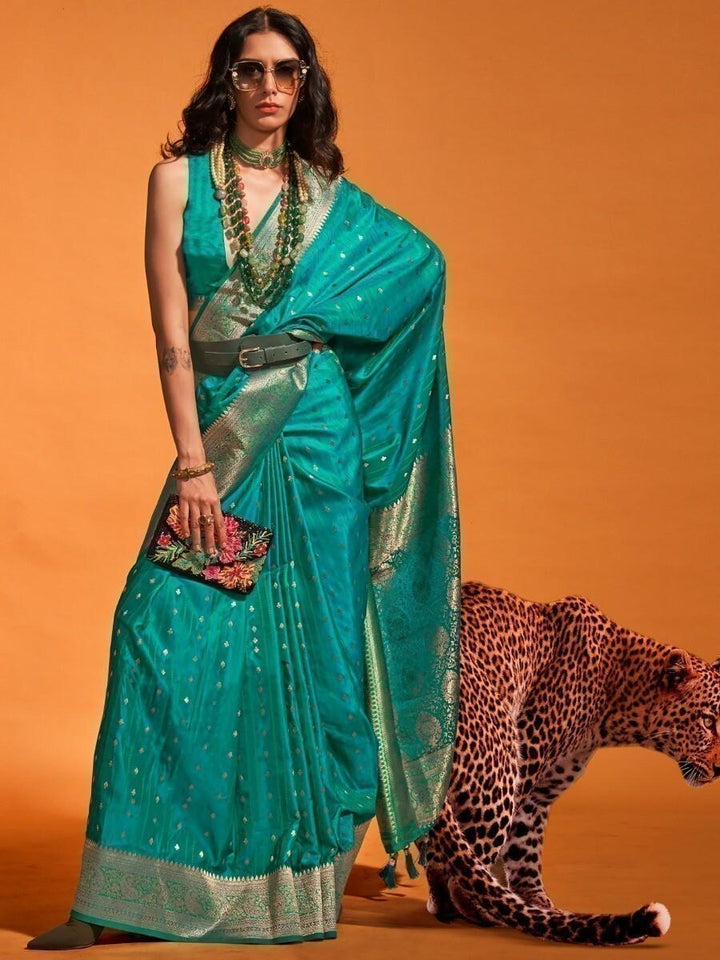 Attractive Teal Blue Zari Weaving Satin Sangeet Wear Saree With Blouse