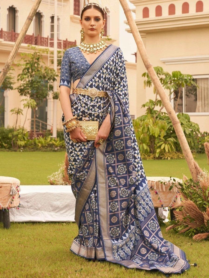 Fancified Blue Digital Print Festive Wear Saree With Blouse