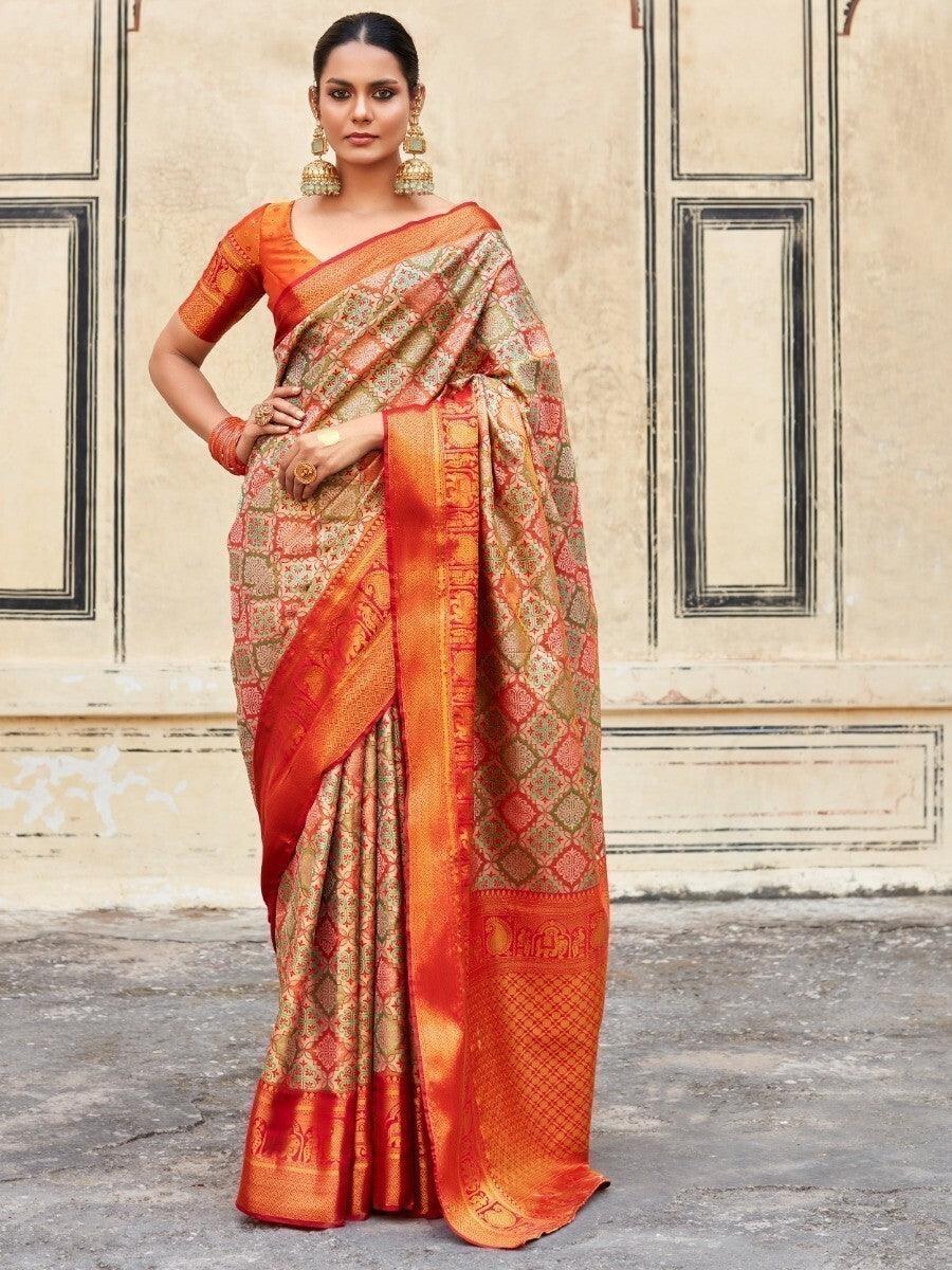 Stunning Orange Zari Weaving Silk Events Wear Saree With Blouse