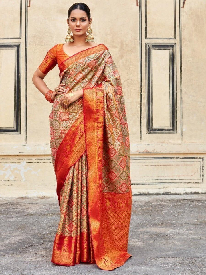 Stunning Orange Zari Weaving Silk Events Wear Saree With Blouse