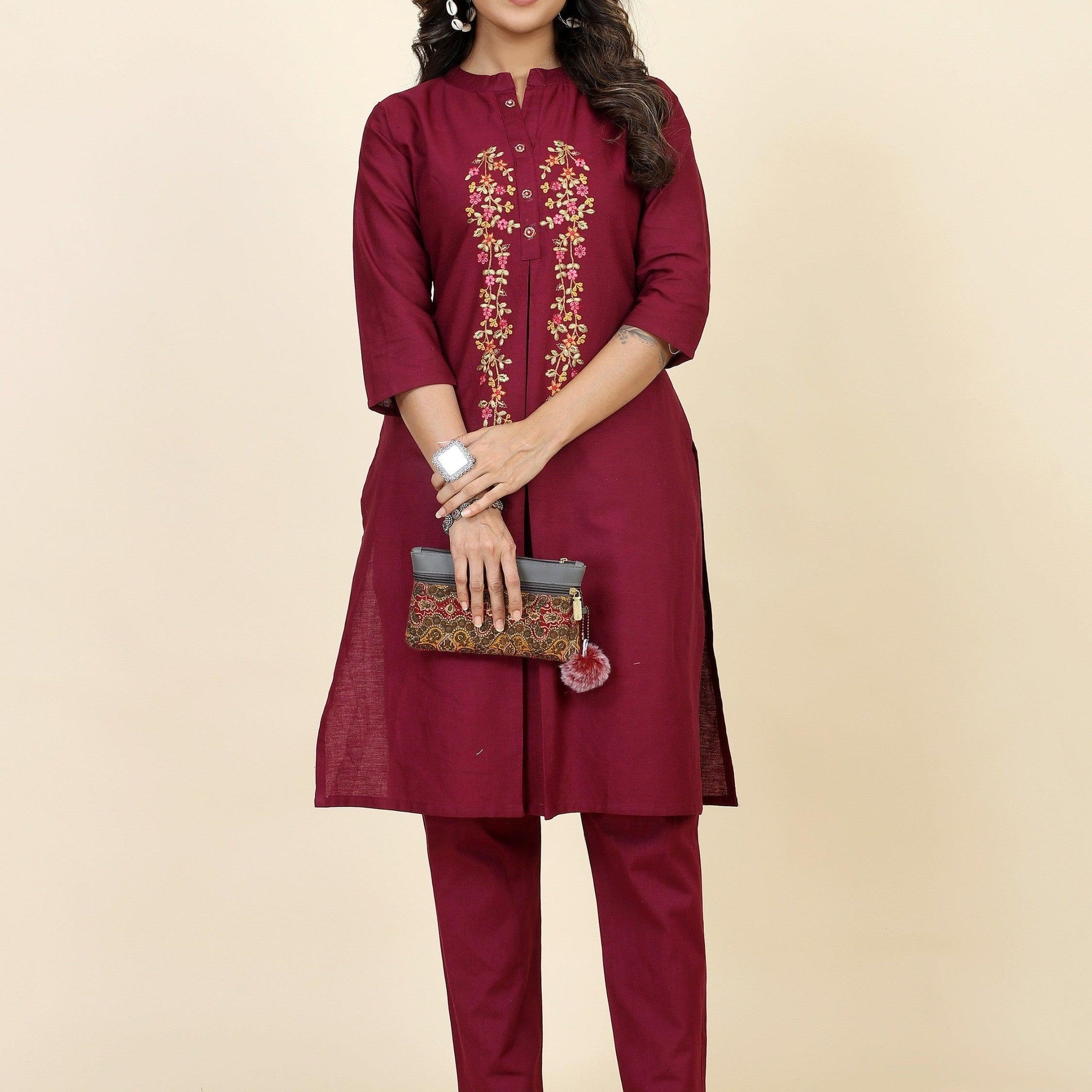 Tantalizing Maroon Embroidered Silk Festive Wear Kurta With Pant