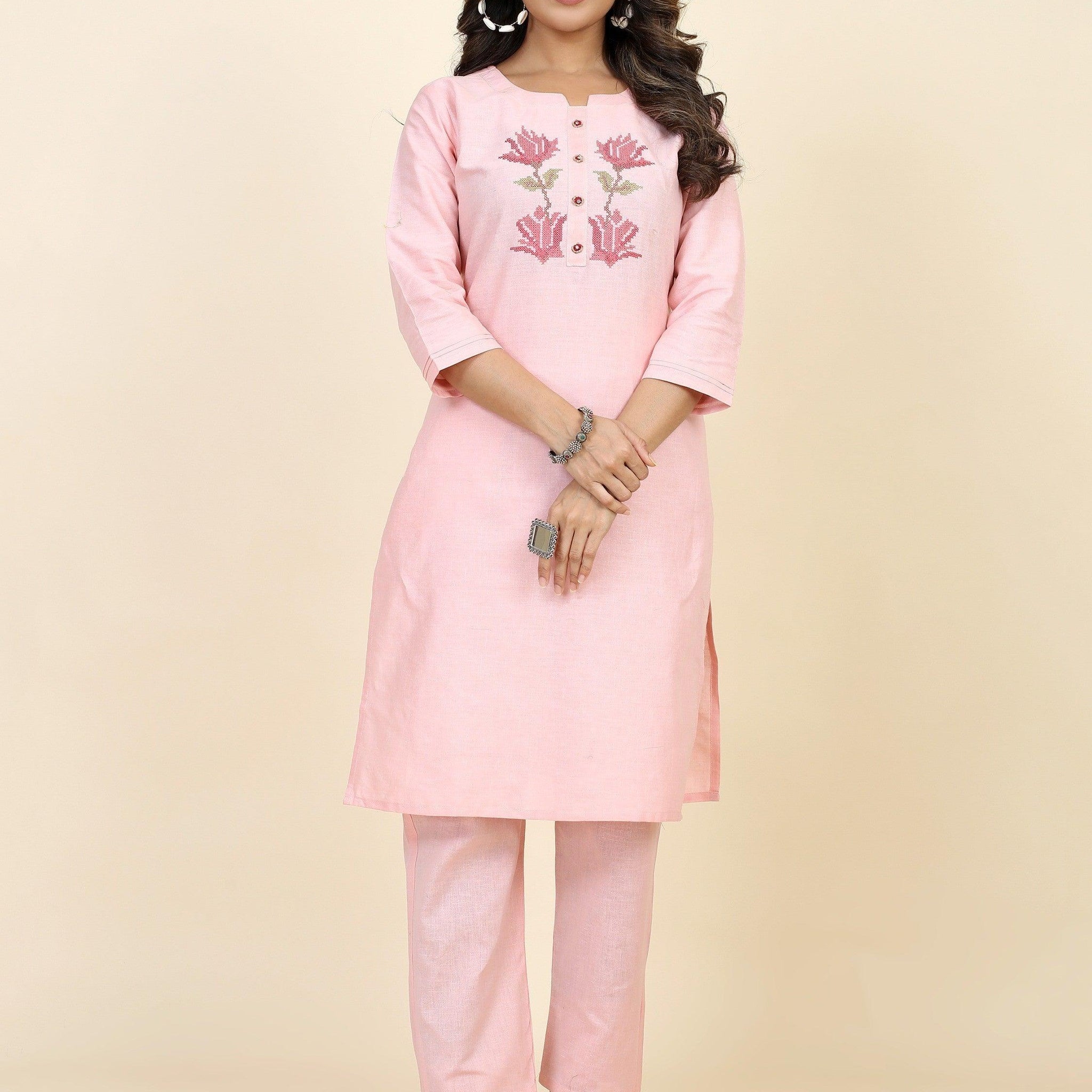 Wonderful Light Pink Embroidered Silk Traditional Kurta With Pant