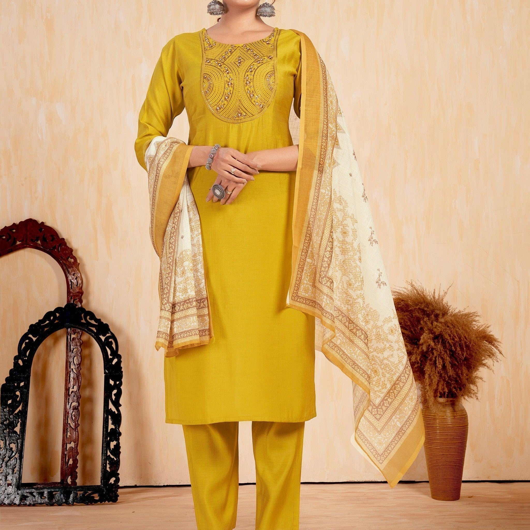 Dazzling Yellow Embroidered Silk Festival Wear Pant Suit