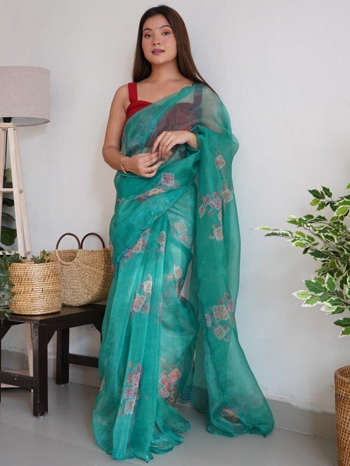 Beautiful Green Floral Printed Organza Festive Wear Saree