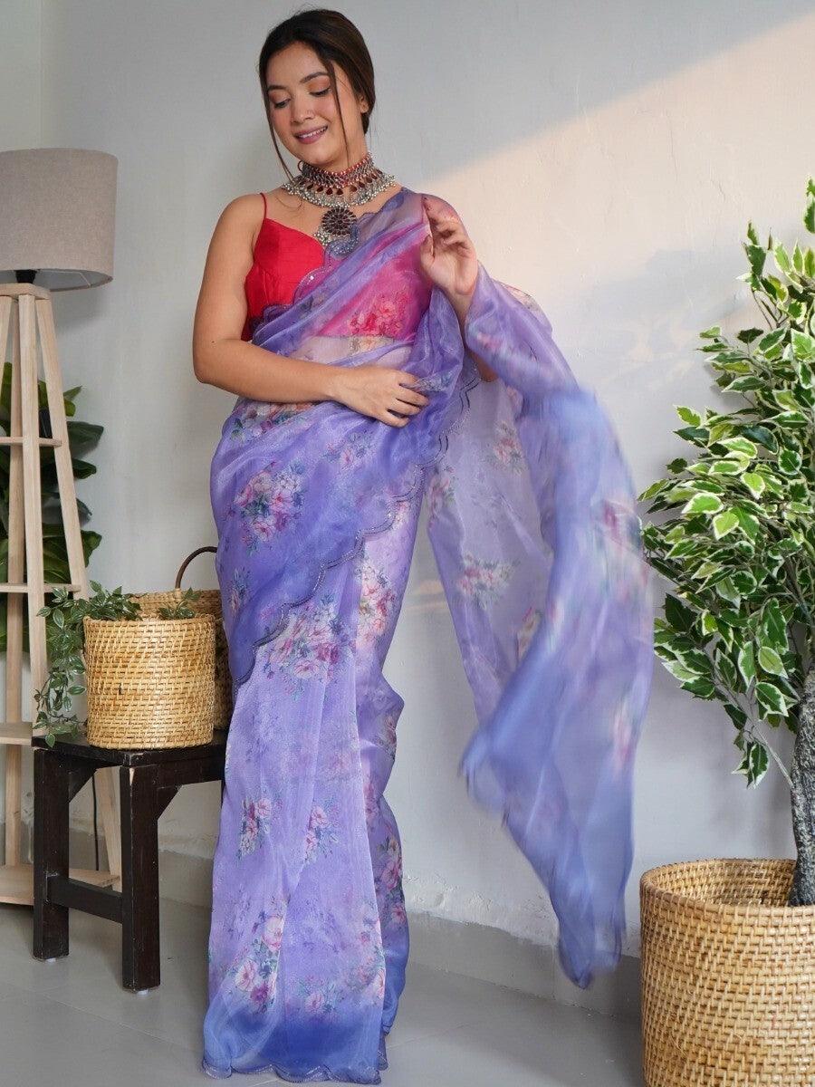 Attractive Purple Floral Printed Organza Events Wear Saree