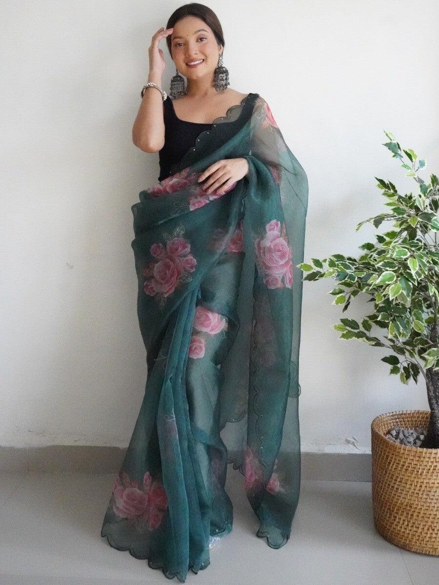 Attractive Dark Green Floral Printed Organza Saree With Blouse