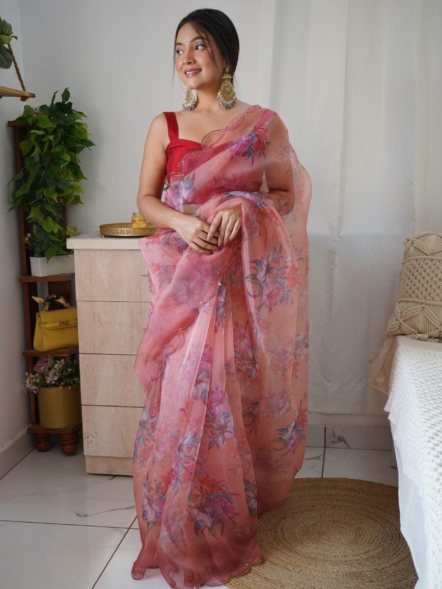 Gorgeous Peach Floral Printed Organza Festive Wear Saree