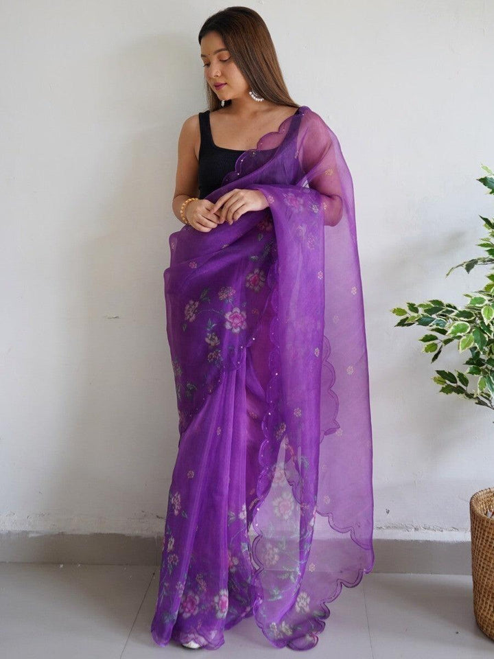 Fabulous Purple Floral Printed Organza Events Wear Saree With Blouse