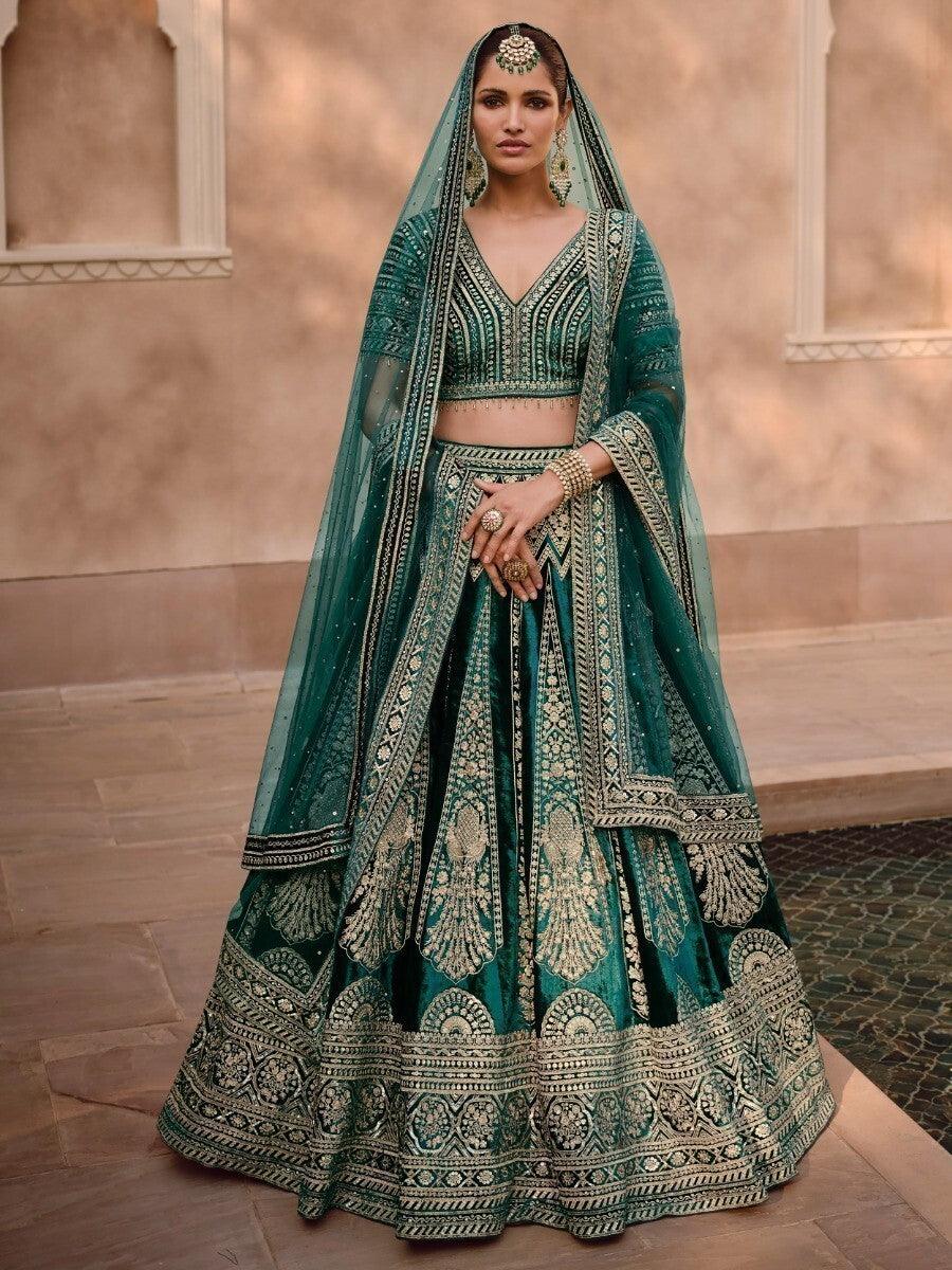 Charming Green Embroidered Velvet Bridal Lehenga Choli With Dupatta