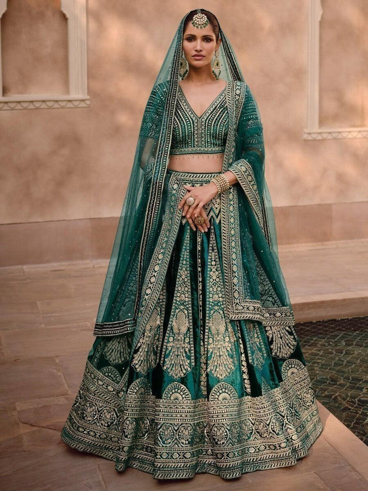 Charming Green Embroidered Velvet Bridal Lehenga Choli With Dupatta