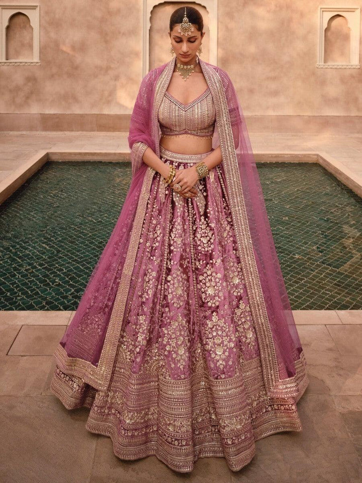 Fabulous Pink Embroidered Velvet Bridal Lehenga Choli With Dupatta
