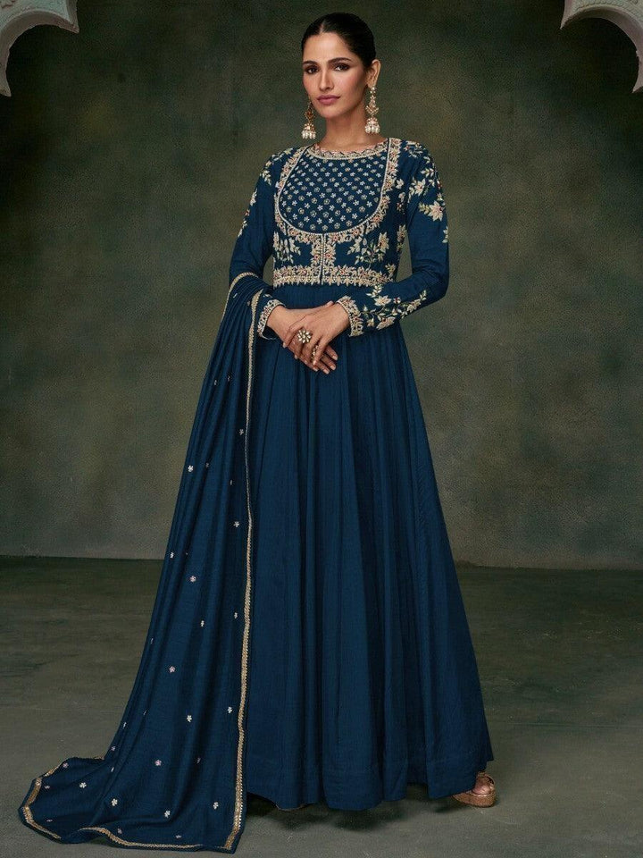 Amazing Navy-Blue Embroidered Silk Wedding Wear Gown With Dupatta
