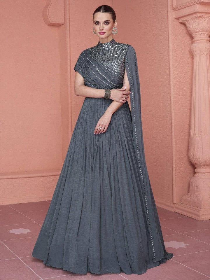 Fabulous Grey Embroidered Georgette Reception Wear Gown With Dupatta